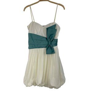 Mystic VTG Y2K Mini Dress With Bow Bubble Skirt Mesh Ivory Teal Size S RCC10459